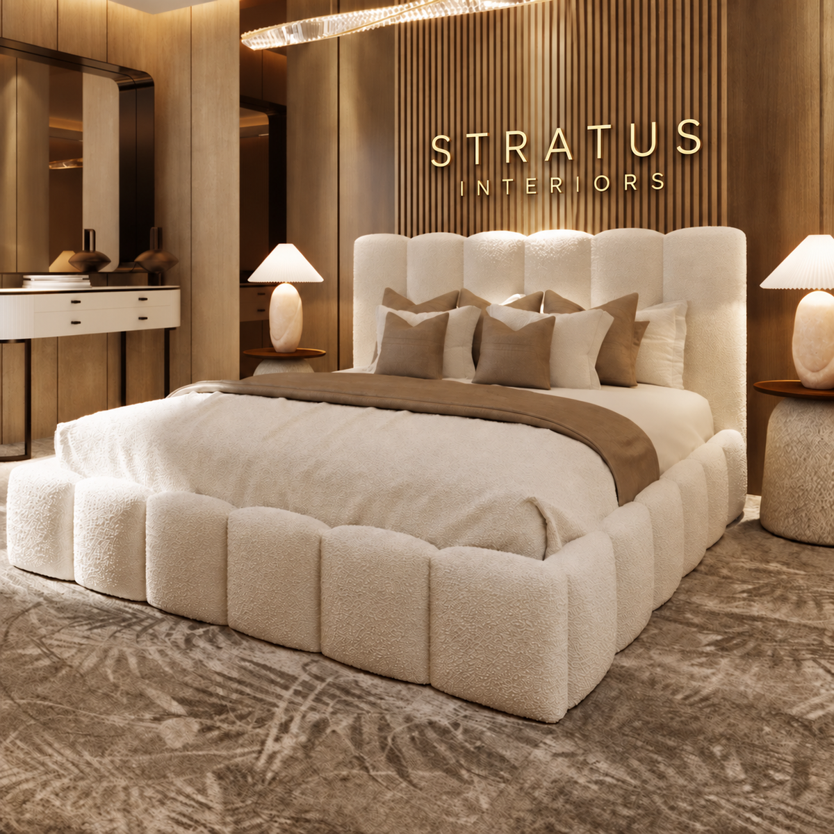 Cream bouclé Teddy Orlando bed with gold Stratus Interiors lettering