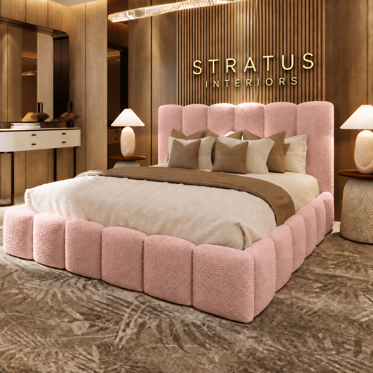 Pink bouclé Teddy Orlando bed with gold Stratus Interiors lettering