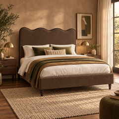 Waverly mocha chenille scalloped bed in an earthy contemporary bedroom