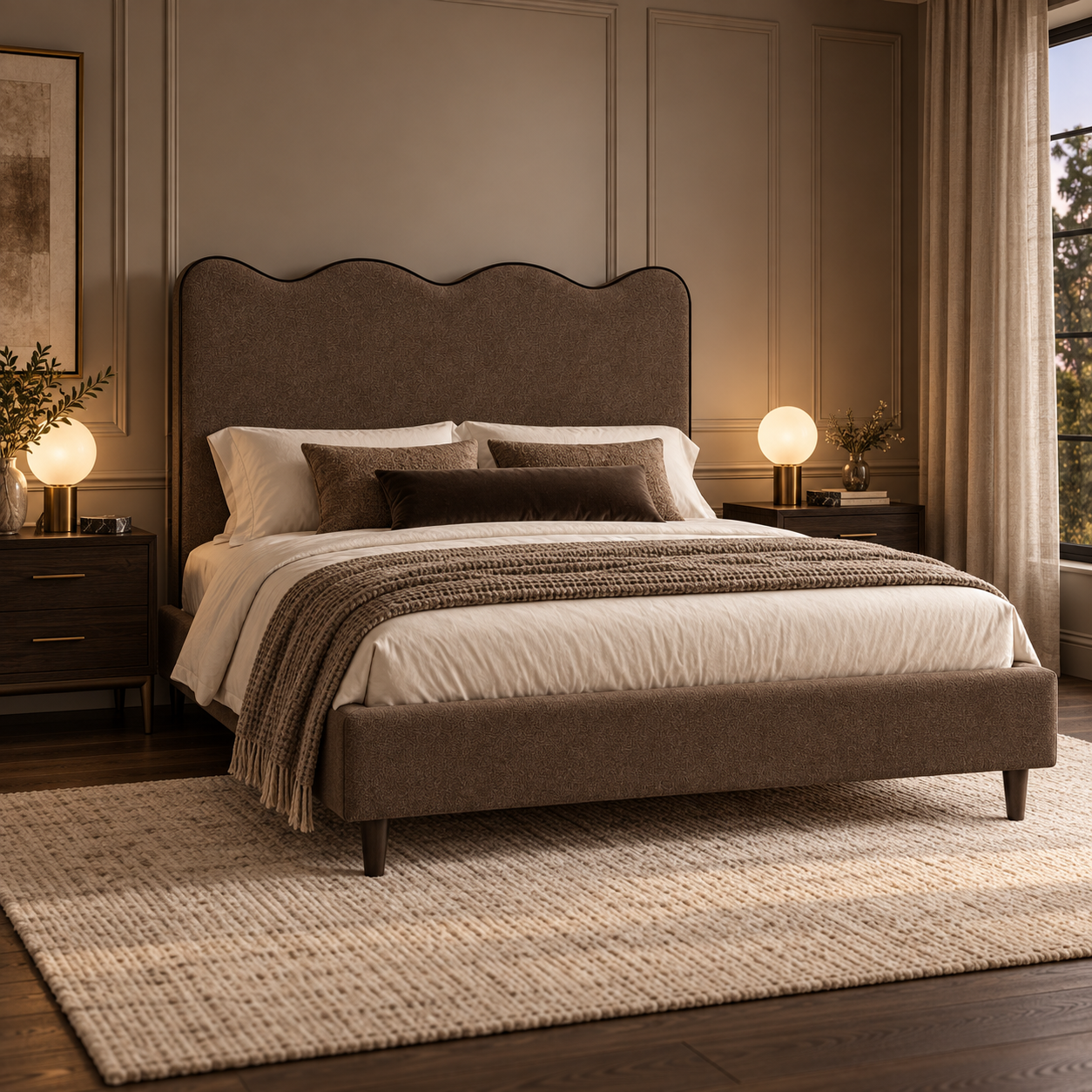 Waverly mocha chenille scalloped bed in a luxury panelled bedroom