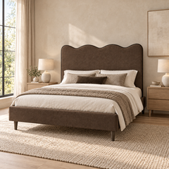 Waverly mocha chenille scalloped bed in a warm neutral bedroom