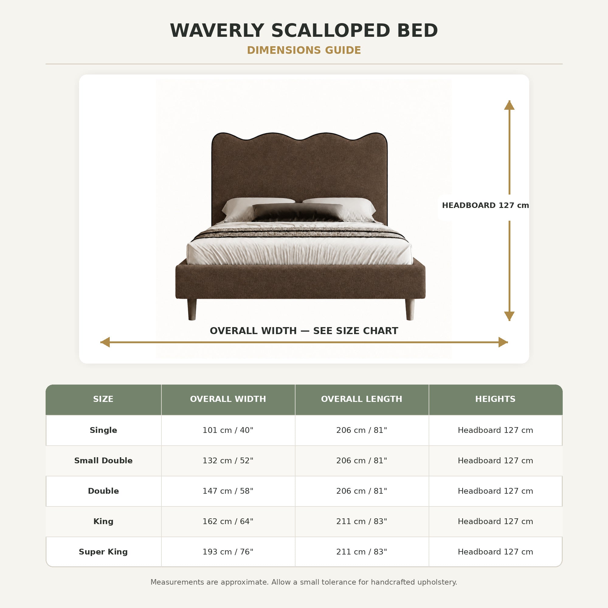 Waverly Scalloped Bed dimensions guide for Single to Super King