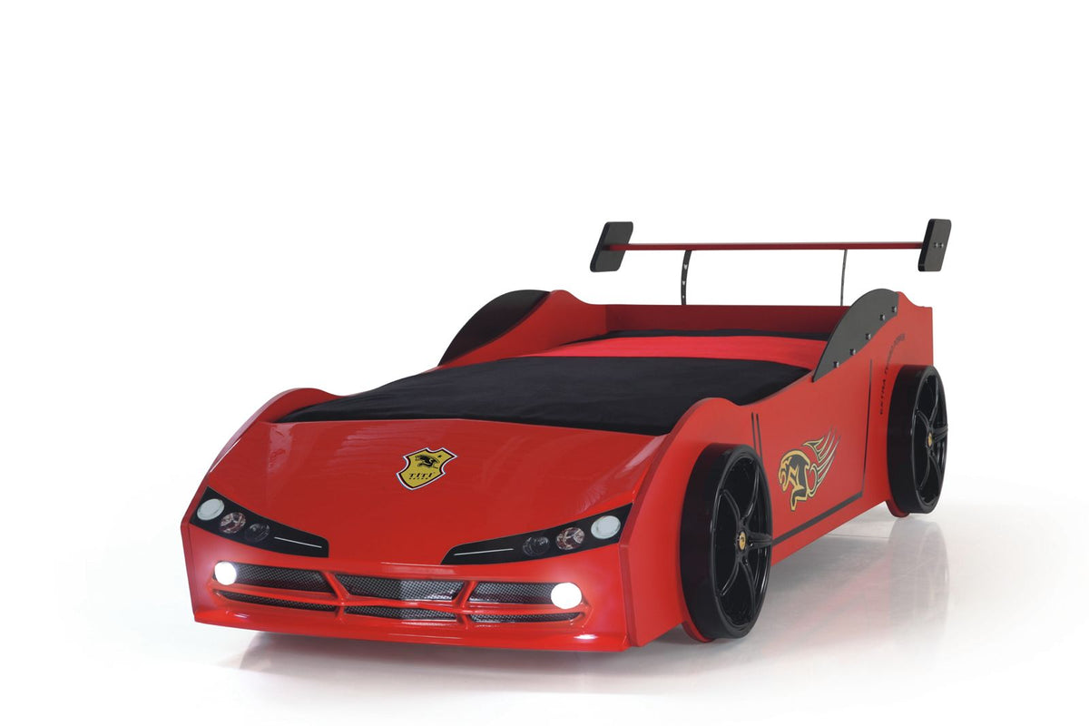 Kids Ferrari Style  Car Bed Frame | Red/White Car Bed with Rear Spoiler | Toddler & Single Car Bed